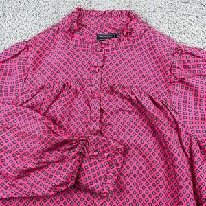 Vineyard Vines Shirt Womens Medium Pink Silk Ruffle Collar Popover Geometric